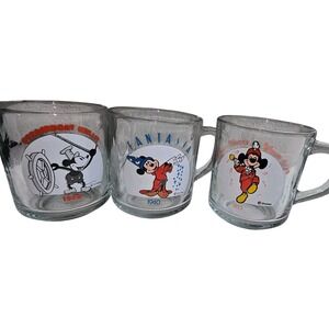 Set of 3 Vintage Disney Anchor Hocking Mickey Clear Glass Coffee Mugs 1928-1955